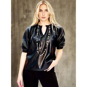 Duette NYC Vegan Leather Puff Sleeve Top The Elizabeth Black - M